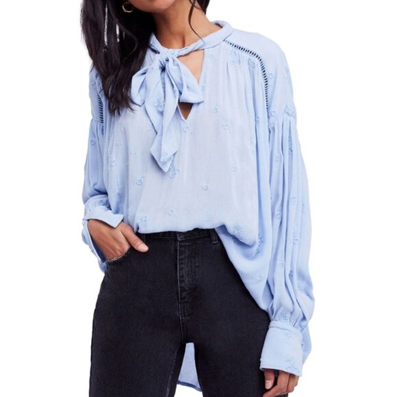 Free People Wishful Moments Tie Neck Blouse Blue Embroidered Long Sleeve Top S - Picture 2 of 16
